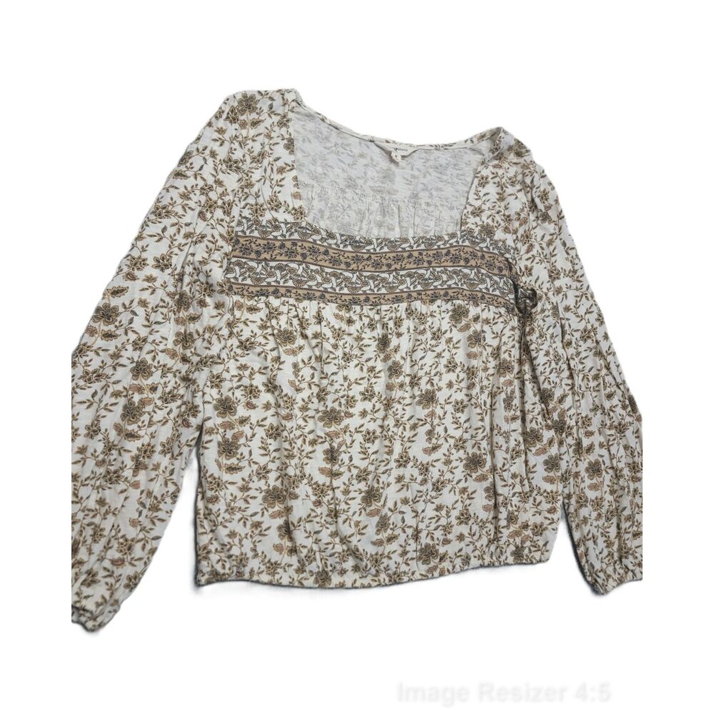 Lucky Brand Floral Top Long Sleeve Bubble Hem Cotton Blouse Womens M Cream Shirt